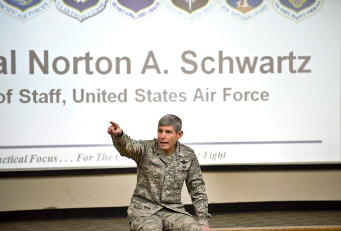 NELLIS AIR FORCE BASE, Nev. - Air Force Chief of Staff Gen. Norton Schwartz conducts a question and answer session following his opening remarks at the Combat Air Forces Weapons and Tactics Conference here Jan 10.  WEPTAC is an annual  event that brings together hundreds of war fighters from the CAF to discuss current issues, to look at future issues, and to provide solutions for joint employment of forces. (U.S. Air Force photo by Lawrence Crespo) 

