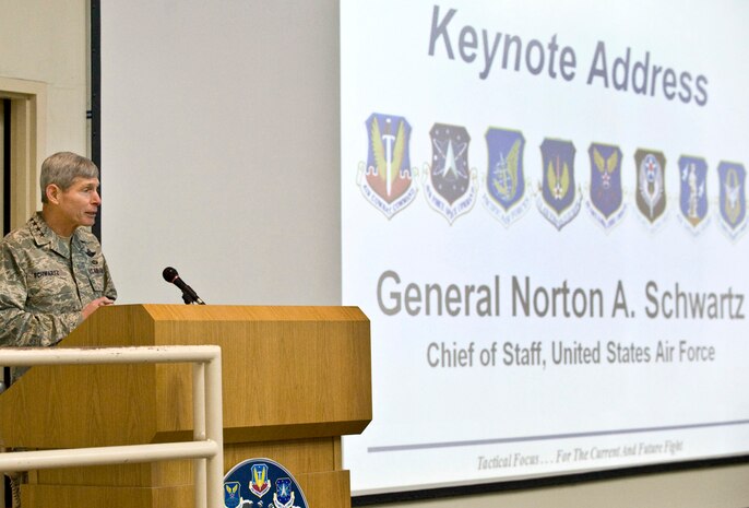 NELLIS AIR FORCE BASE, Nev. - Air Force Chief of Staff Gen. Norton Schwartz delivers opening remarks at the Combat Air Forces Weapons and Tactics Conference here Jan 10.  WEPTAC is an annual event that brings together hundreds of war fighters from the CAF to discuss current issues, to look at future issues, and to provide solutions for joint employment of forces. (U.S. Air Force photo by Lawrence Crespo) 

