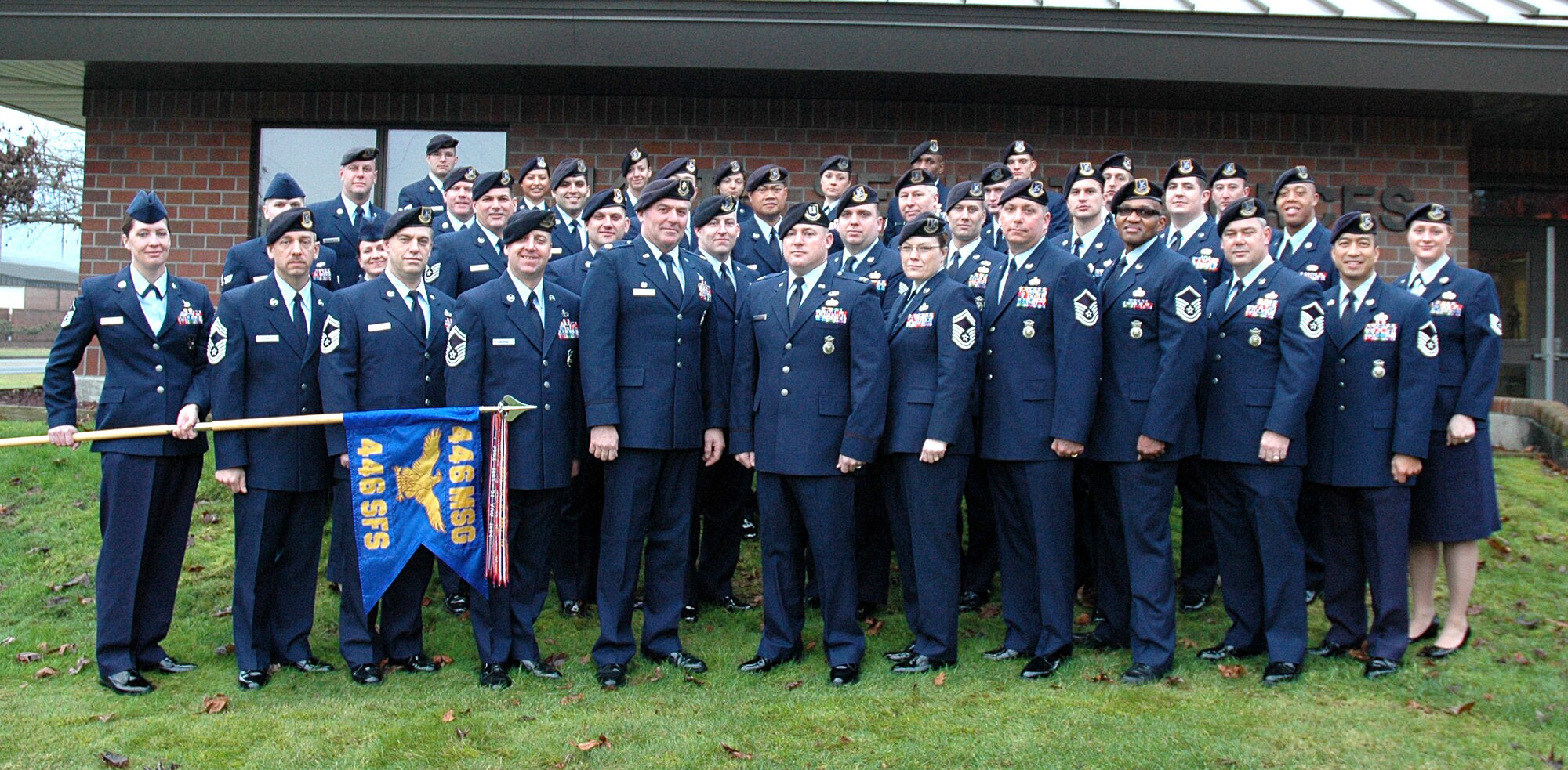 MCCHORD FIELD, Wash., - Reserve Airmen in the 446th Security Forces Squadron here take a group photo the weekend prior to departing Jan. 10 for their first off-station annual tour in more than seven years. (U.S. Air Force photo/Staff Sgt. Elizabeth Moody)