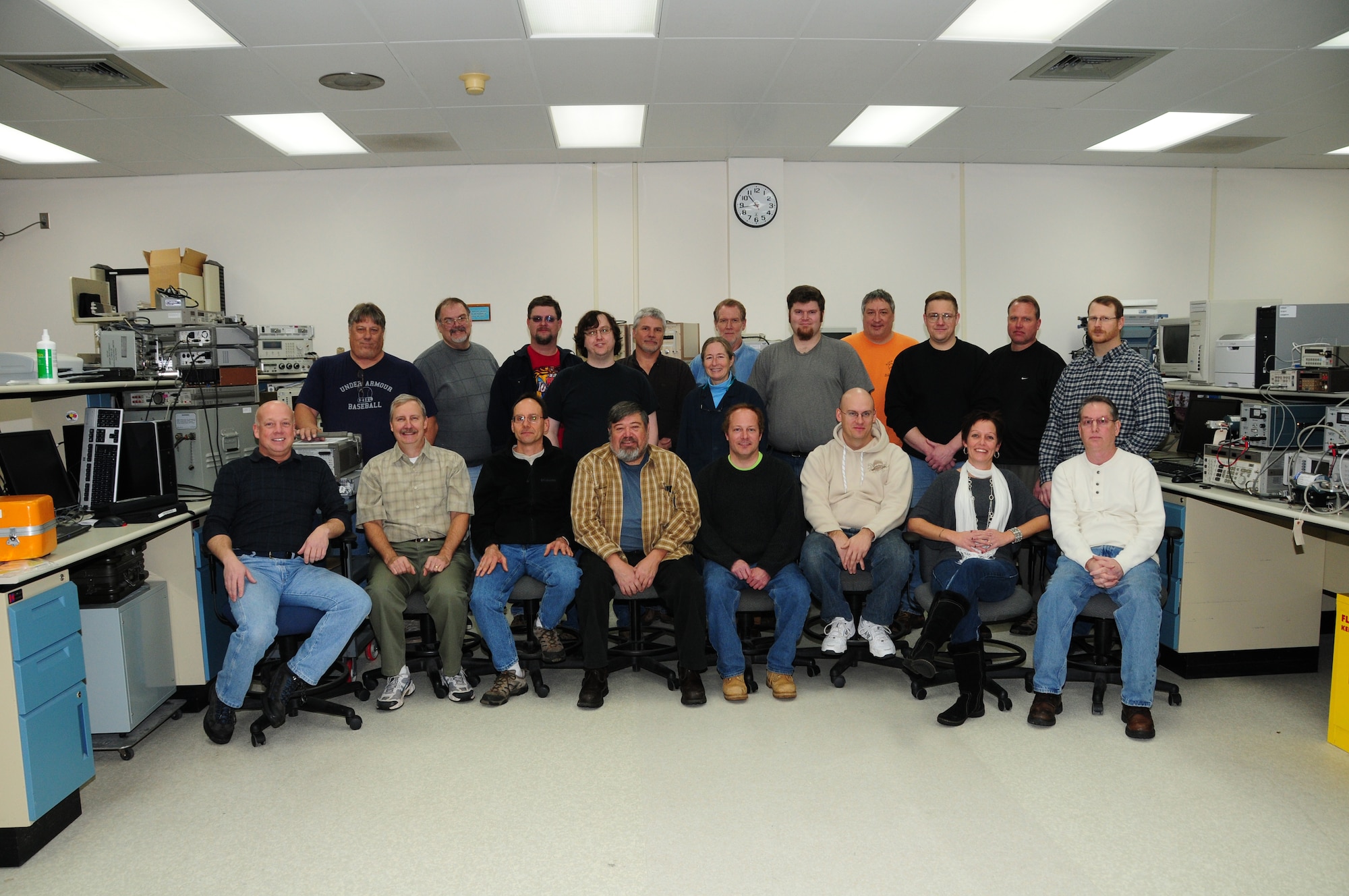 Employees of the Duluth Air National Guard Regional Precision Measurement Equipment Laboratory take time to pose for a group picture.  Please note that there are five employees missing from photo.  (U.S. Air Force photo by Master Sgt. Ralph J. Kapustka)  (Released)