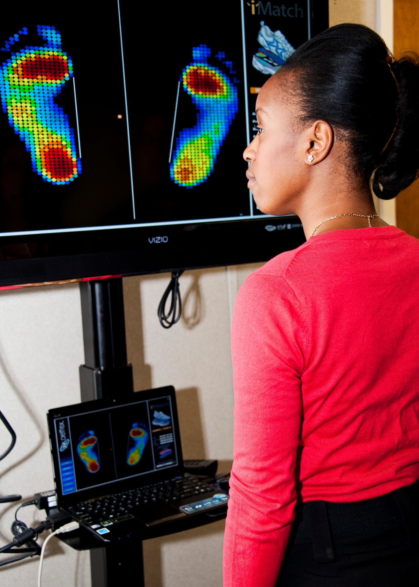 The I-Step foot scanner provides a visual of the foot which can help to determine proper footwear and accurate measure of a person's true foot size.  The scanner and other new features will be on display during the HAWC’s open house, Jan. 20.  (U.S. Air Force photo/Samuel King Jr.)