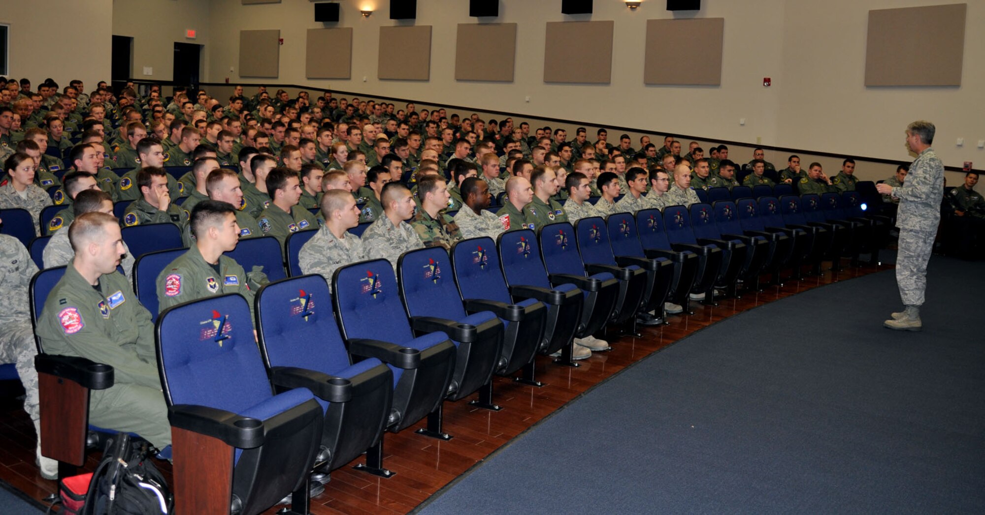 Col. Barre Seguin, 14th Flying Training Wing commander, addresses student pilots at an officer’s call Jan. 3 at the Kaye Auditorium. Colonel Seguin met with both student and permanent party officers at two officer’s calls following the winter break. (U.S. Air Force photo/Staff Sgt. Jacob Corbin). 