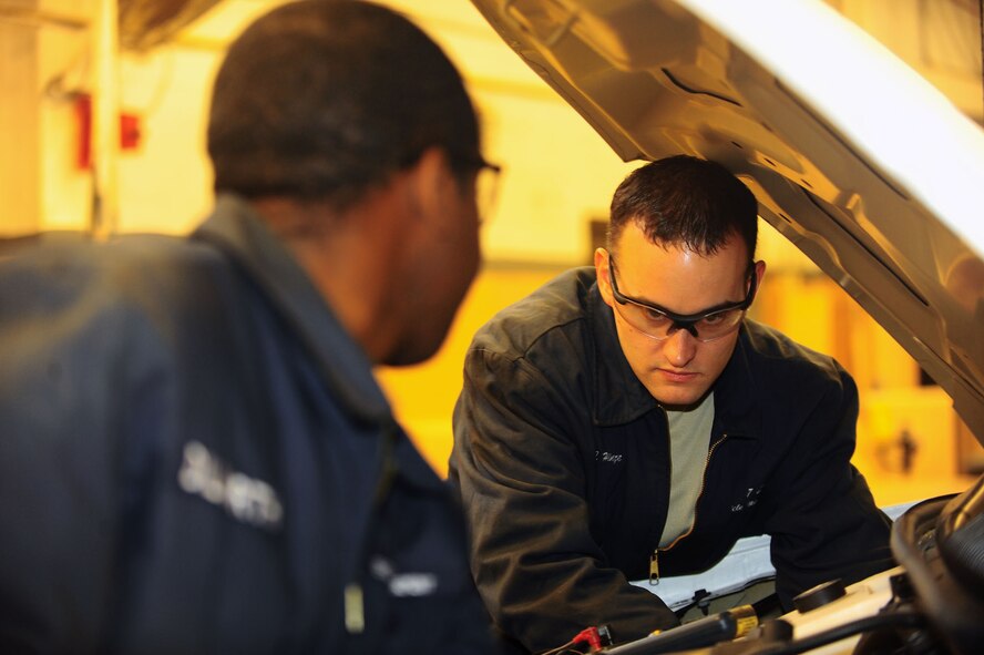 DYESS AIR FORCE BASE, Texas—Staff Sgt. Joshua Hinze (right) and Senior Airman Michael Dilworth (left) , both from the 7th Logistics Readiness Squadron, train on a vehicle here, Jan. 10. The squadron provides supplies, equipment and fuel to all base units; and receives and stores more than 388,000 pieces of property, valued at over $211 million. They fulfill the base’s transportation requirements; manage and maintain 588 vehicles; operate the base taxi fleet, aircrew transportation and personal property shipments; and recall and train ready-augmentation-duty force personnel to support deployment exercises, inspections and contingencies. (Air Force photo/ Airman First Class Courtney Moses)
