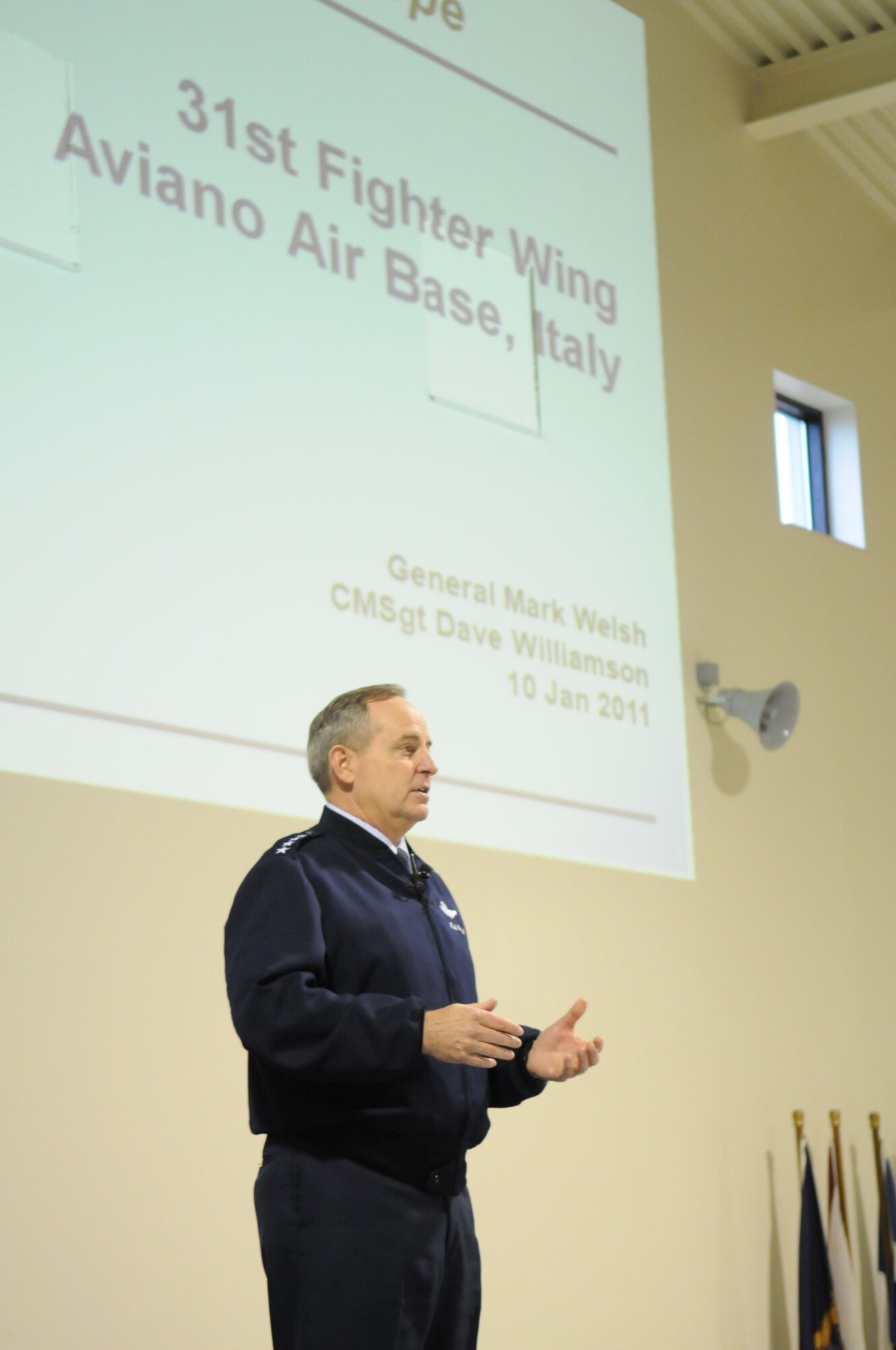 Gen. Mark A. Welsh III, U.S. Air Forces in Europe commander, addresses Aviano Airmen during his commander's call at Aviano Air Base, Italy, Jan. 10. This was General Welsh's first official visit to a USAFE wing since his assumption of command. (U.S. Air Force photo/ Staff Sgt. Nadine Y. Barclay)