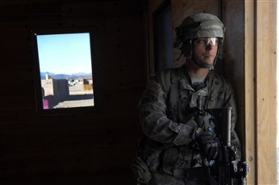 A U.S. Army soldier with the 11th Armored Cavalry Regiment participates in an exercise at the National Training Center in Fort Irwin, Calif., on Dec. 1, 2010.  The National Training Center is designed to help soldiers prepare for deployments by letting them practice the practical skills needed prior to departing for the area of responsibility.  