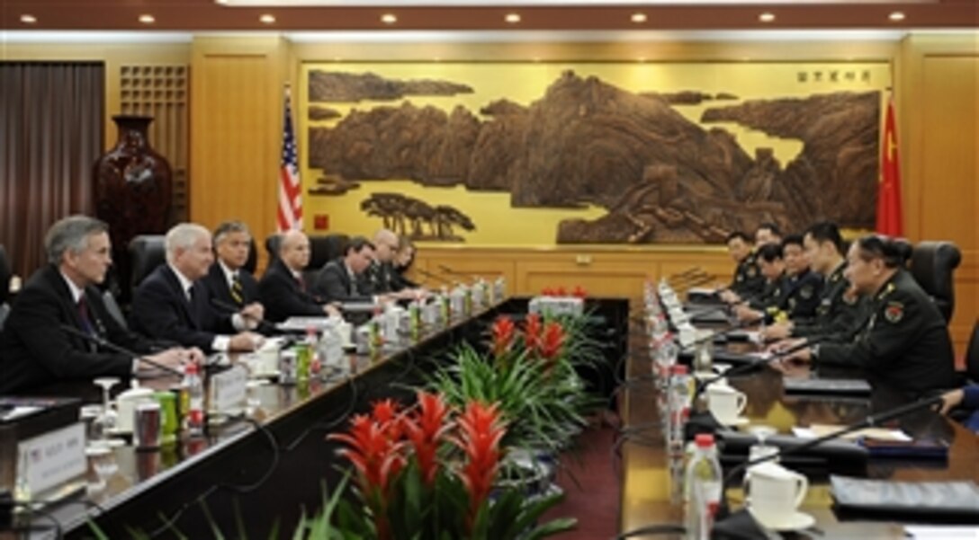 Secretary of Defense Robert M. Gates and Chinese Minister of Defense Liang Guanglie discuss defense issues at the ministry of Defense in Beijing, China, on Jan. 10, 2011.  Gates met with Guanglie and his staff at the ministry and held a press conference.  