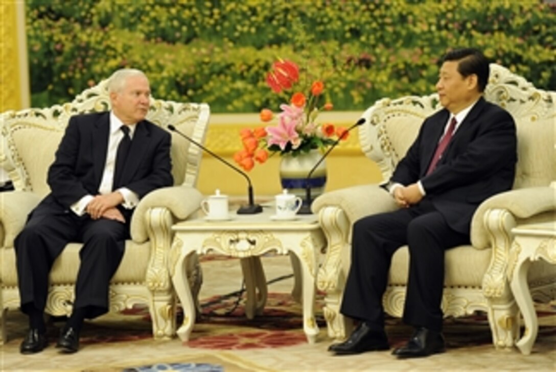 Secretary of Defense Robert M. Gates and Chinese Vice President Xi Jinping meet at the Great Hall of the People in Beijing, China, on Jan. 10, 2011.  