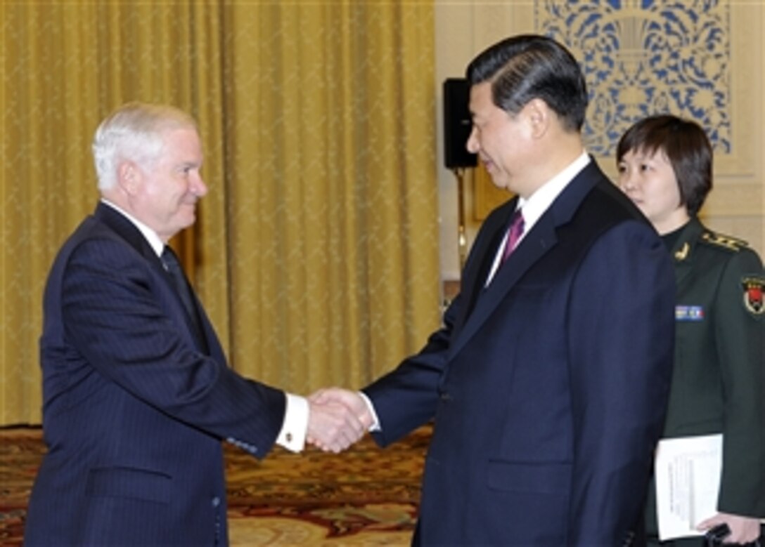 Secretary of Defense Robert M. Gates and Chinese Vice President Xi Jinping meet at the Great Hall of the People in Beijing, China, on Jan. 10, 2011.  