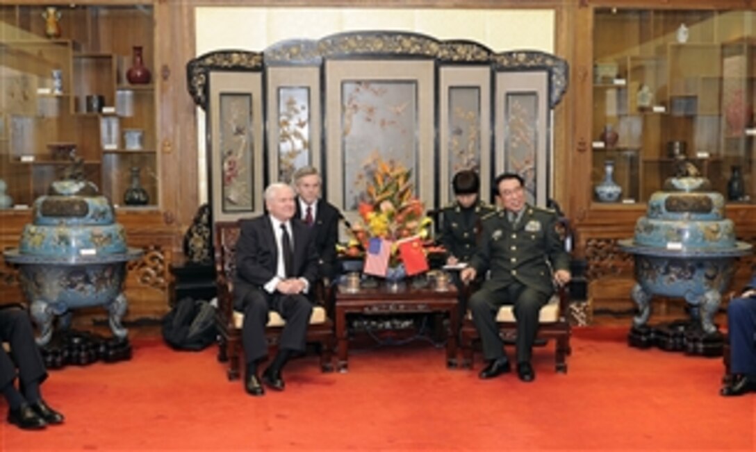 Secretary of Defense Robert M. Gates and Chinese Vice Chairman, Central Military Commission Gen. Xu Caiho meet prior to a dinner at the Great Hall of the People honoring Gates' visit to Beijing, China, on Jan. 10, 2011.  