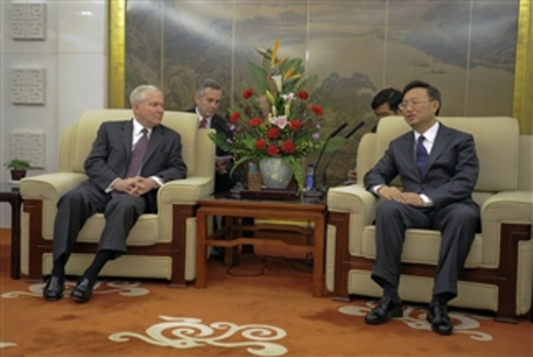 Secretary of Defense Robert M. Gates and Chinese Minister of Foreign Affairs Yang Jiechi talk during a meeting at the ministry in Beijing, China, on Jan. 11, 2011.  