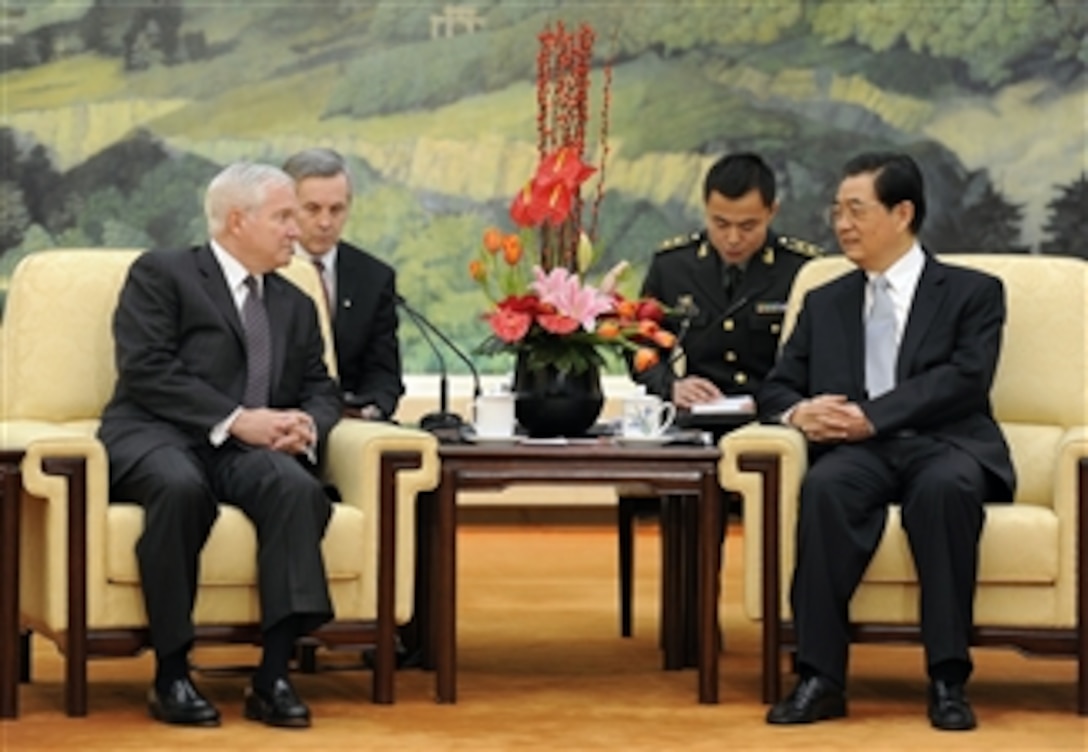 Secretary of Defense Robert M. Gates talks with Chinese President and Chairman of the Central Military Commission Hu Jintao at the Hall of the People in Beijing, China, on Jan. 11, 2011.  