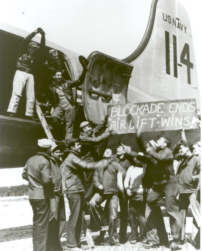 "Blockade Ends" Air and ground crews of the US Navy Squadron VR-6 at Rhein-Main celebrate the end of the Berlin Airlift, 12 May 1949.