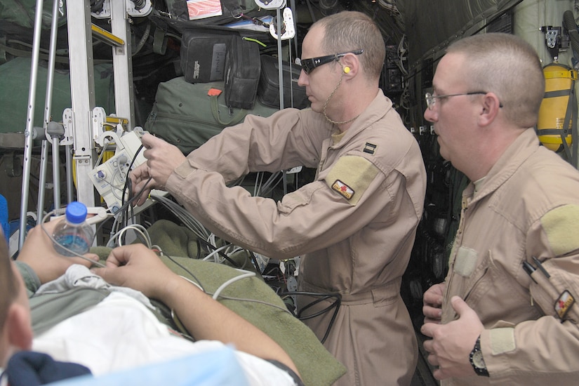 Critical care air transport team members Capt. John Eggert and Master Sgt. Rich Pakula setup medical equipment for their patient inside a C-130H Hercules Jan. 5, 2011, at Kandahar Airfield, Afghanistan. The CCATT is a specialized three-person team that recreates an intensive care unit environment within an aircraft during aeromedical evacuations. Captain Eggert is a nurse and Sergeant Pakula is a respiratory technician assigned to the 451st Expeditionary Aeromedical Evacuation Squadron. (U.S. Air Force photo/Senior Airman Melissa B. White)