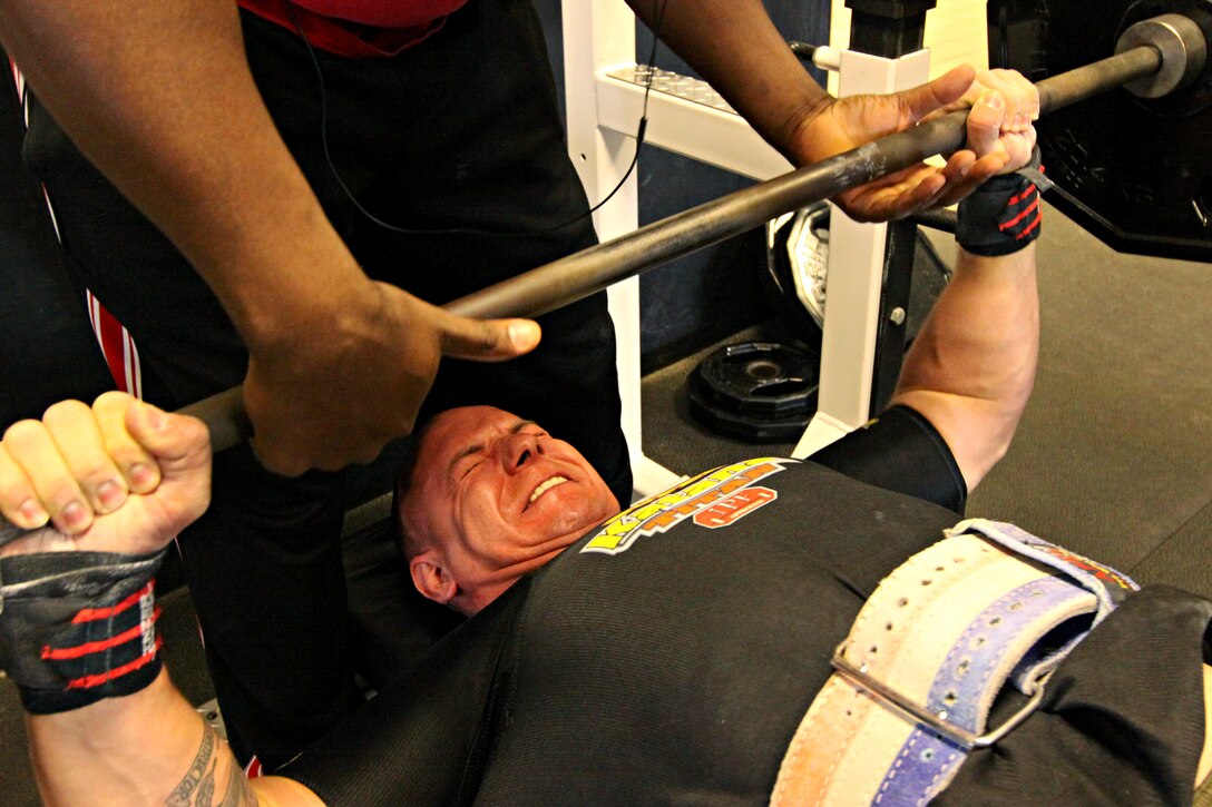 Gunnery Sgt. Brian Kiraly, physical trainer, Western Region Officer Training Camp, practices his bench-press in preparation for an upcoming competition for the Camp Pendleton powerlifting team. The powerlifting team is looking for more participation and is opening the opportunity for Camp Pendleton’s active duty and reserve service members to train and participate in future competitions. For further information about the power lifting team, contact Sabrina Gibson at 760-725-5947.