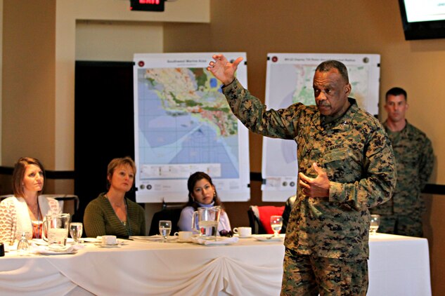 Major General Anthony L. Jackson, Commanding General MCI-West speaks to members of LEAD San Diego during their tour of Camp Pendleton, Jan. 12. During the brief, LEAD members explored the various elements which make MCI-West operational such as; environmental security, training measures, aviation, construction projects and I Marine Expeditionary Force operations.::r::::n::