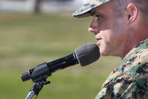 Lieutenant Col. James H. Bain the commanding officer of 3rd Combat Engineer Battalion, addresses the unit, along with family members in attendance to mourn the loss of four of their Marines during the battalion’s last deployment in support of Operation Enduring Freedom during a memorial ceremony at the Combat Center’s Lance Cpl. Torrey L. Gray Field Jan. 12, 2011.