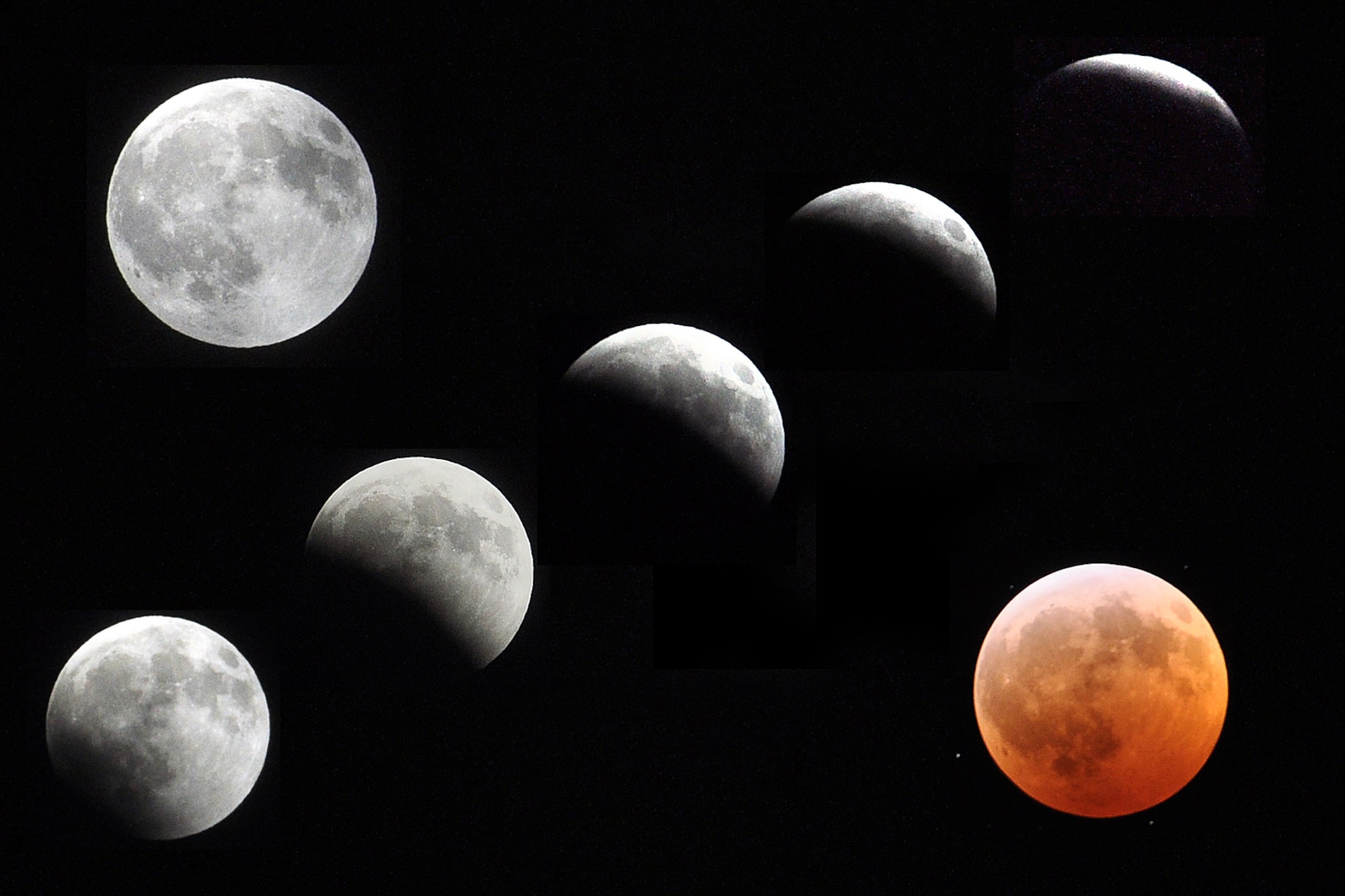The final full moon of 2010 concided both with the winter solstice and a total lunar eclipse viewable from Joint Base Elmendorf-Richardson and the surrounding communities. This compilation of photos shows the full moon and traces its changes as the Earth's shadow darkens its face throughout the night of Dec. 20. When fully in the shadow, the moon turned red until it began emerging later that night. (U.S. Air Force photo illustration/John Pennell)