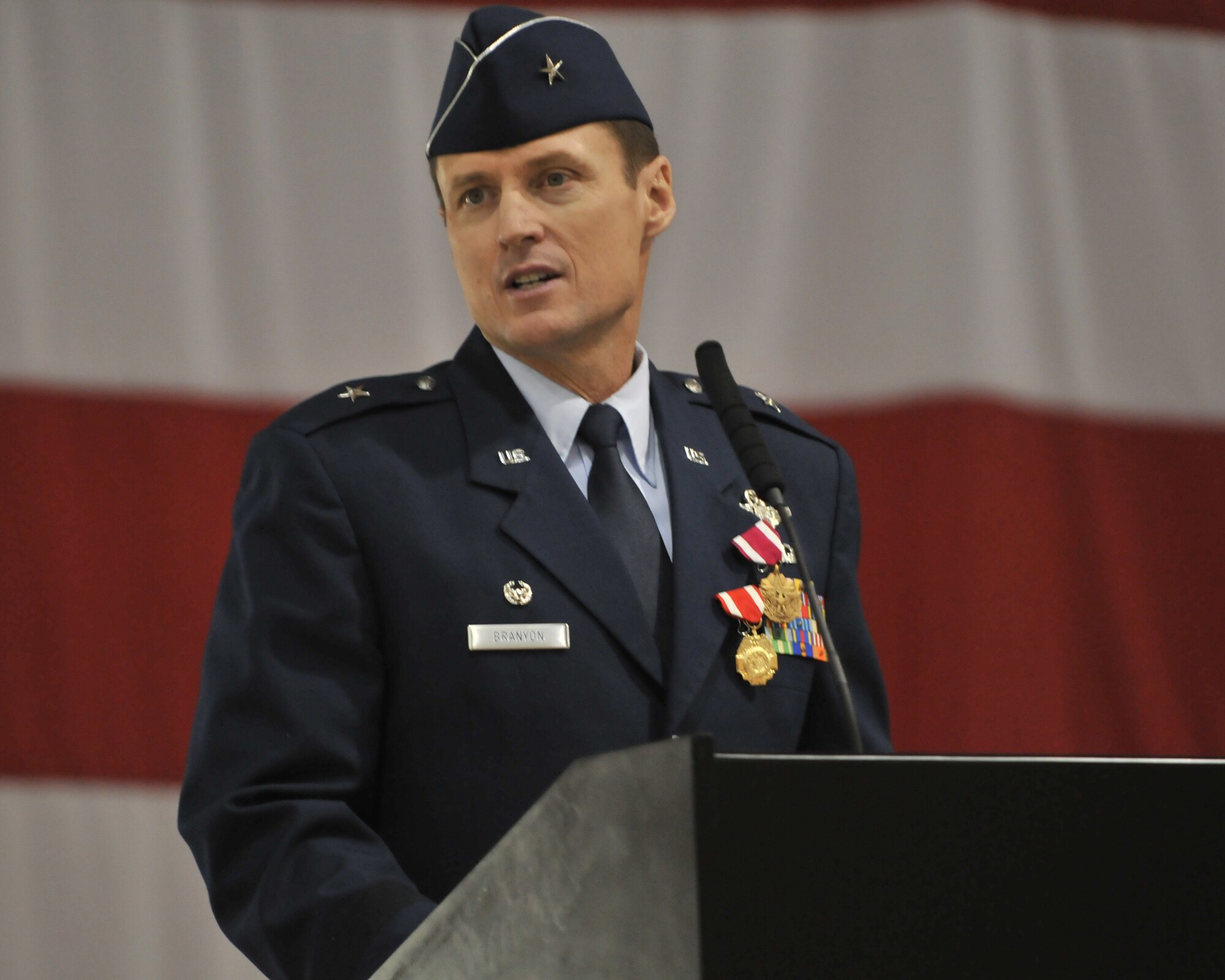 Brig. Gen. Robert Branyon speaks after relinquishing command of the 125th Fighter Wing during an official ceremony held at the 125th Fighter Wing Air National Guard Base, Jacksonville IAP, January 9, 2011. (USAF Photo by SSgt Jeremy Brownfield) 
