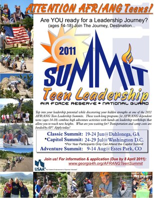 The Air Force Reserve and Air National Guard announced the 2011 AFR/ANG Teen Leadership Summit locations Jan. 5.  The AFR/ANG Teen Leadership Summit locations this summer are in Dahlonega, Ga.; Estes, Colo.; and Washington, D.C. The summits combine high-adventure activities with leadership classes to allow teens to tap into their leadership potential and discover hidden strengths while developing a sense of belonging to the Air Force community. 