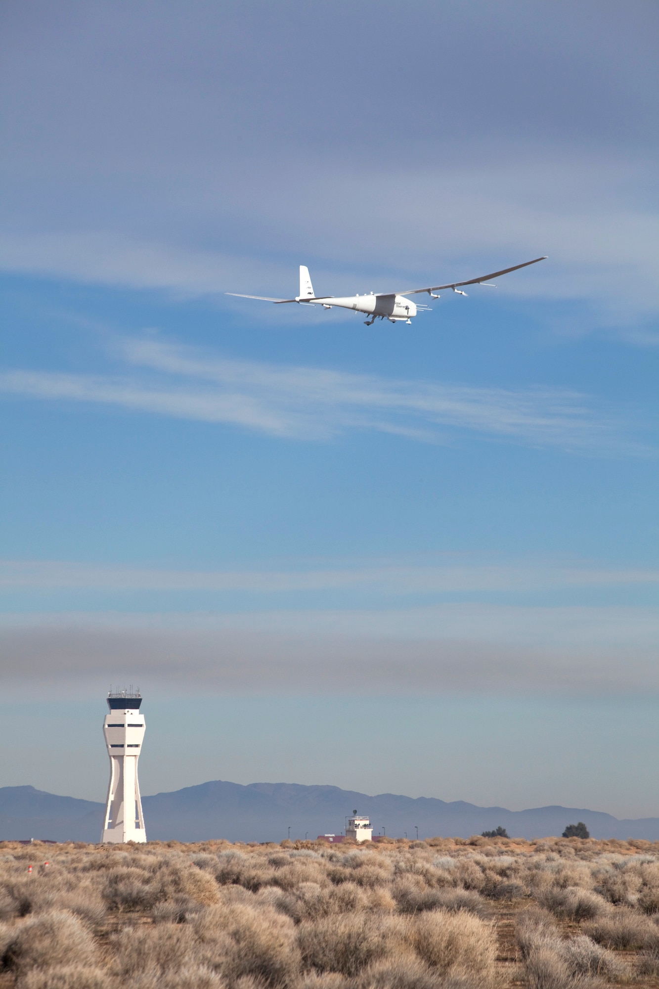 The Global Observer, powered by hydrogen, flies for the first time Jan. 6, 2011, over Edwards Air Force Base, Calif. Officials from the 412th Test Wing's Global Vigilance Combined Test Force will now expand the altitude and duration of flight tests to validate the aircraft's high-altitude and long-endurance potential. (U.S. Air Force photo/Bobbi Zapka)