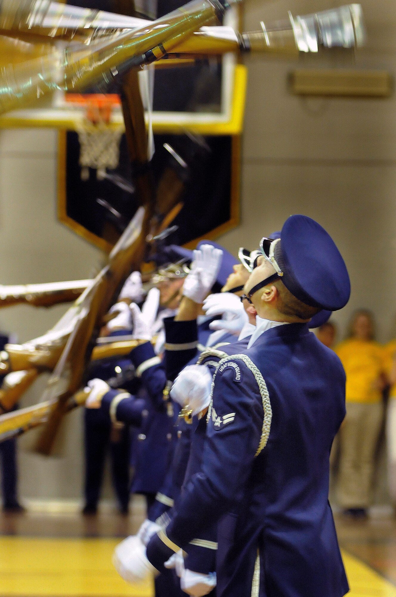 BRANDYWINE, Md. – U.S. Air Force Honor Guard Drill Team demonstrates precision through military drill during a performance Jan. 8 at Gwynn Park High School. Members of Junior ROTC programs came together to view top-notch performance. The Air Force Honor Guard’s mission includes a wide variety of community performances in hopes of recruiting, retaining interest, and inspiring those who attend. (U.S. Air Force photo by Senior Airman Steele C. G. Britton) 