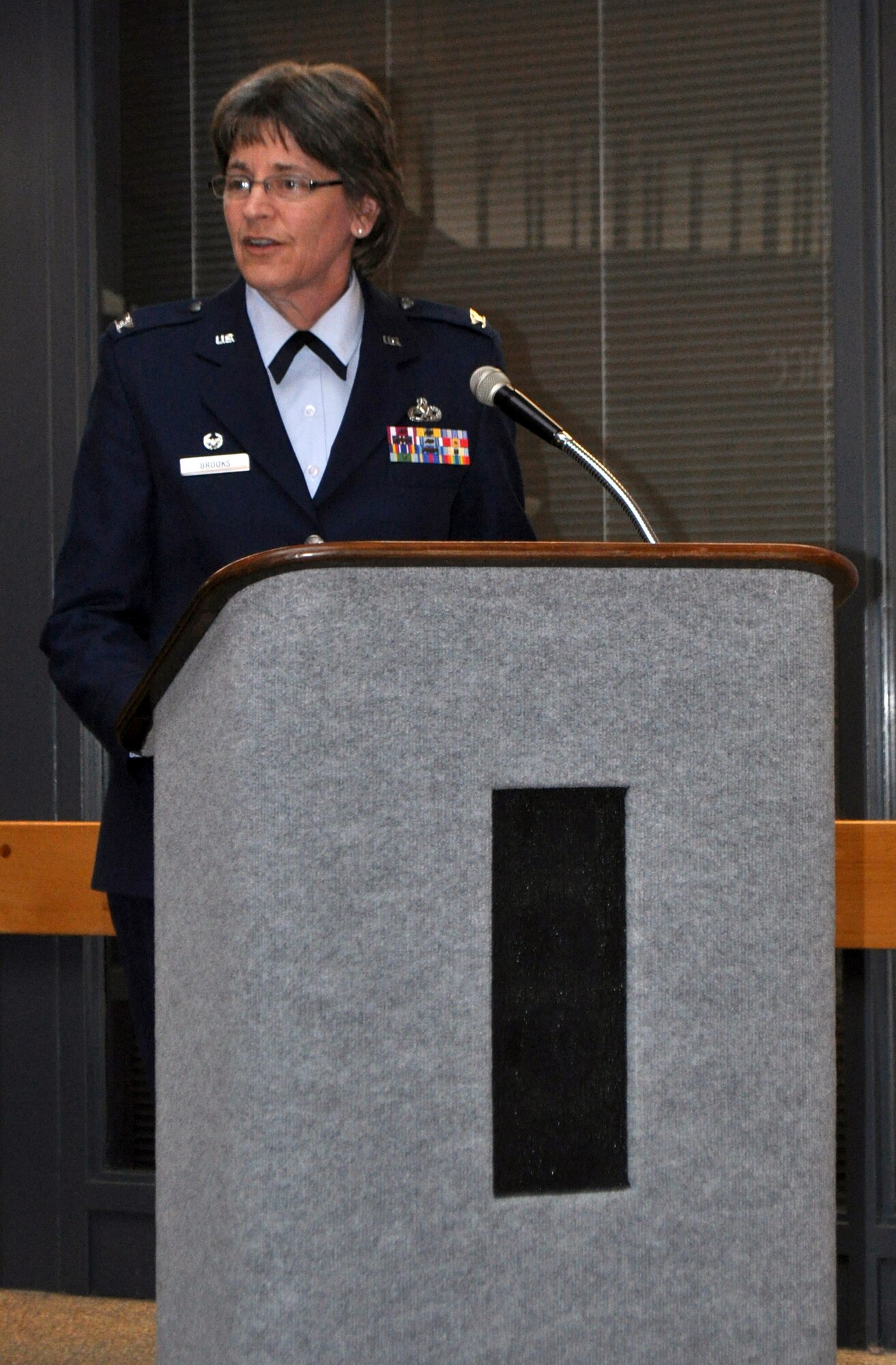 TRAVIS AIR FORCE BASE, Calif. -- Col. Nancy Brooks, commander, 349th Mission Support Group, gives the opening remarks during a redesignation ceremony of the 349th Mission Support Squadron to the 349th Force Support Squadron here on January 8, 2011. (U.S. Air Force photo/Senior Airman Amelia Leonard)