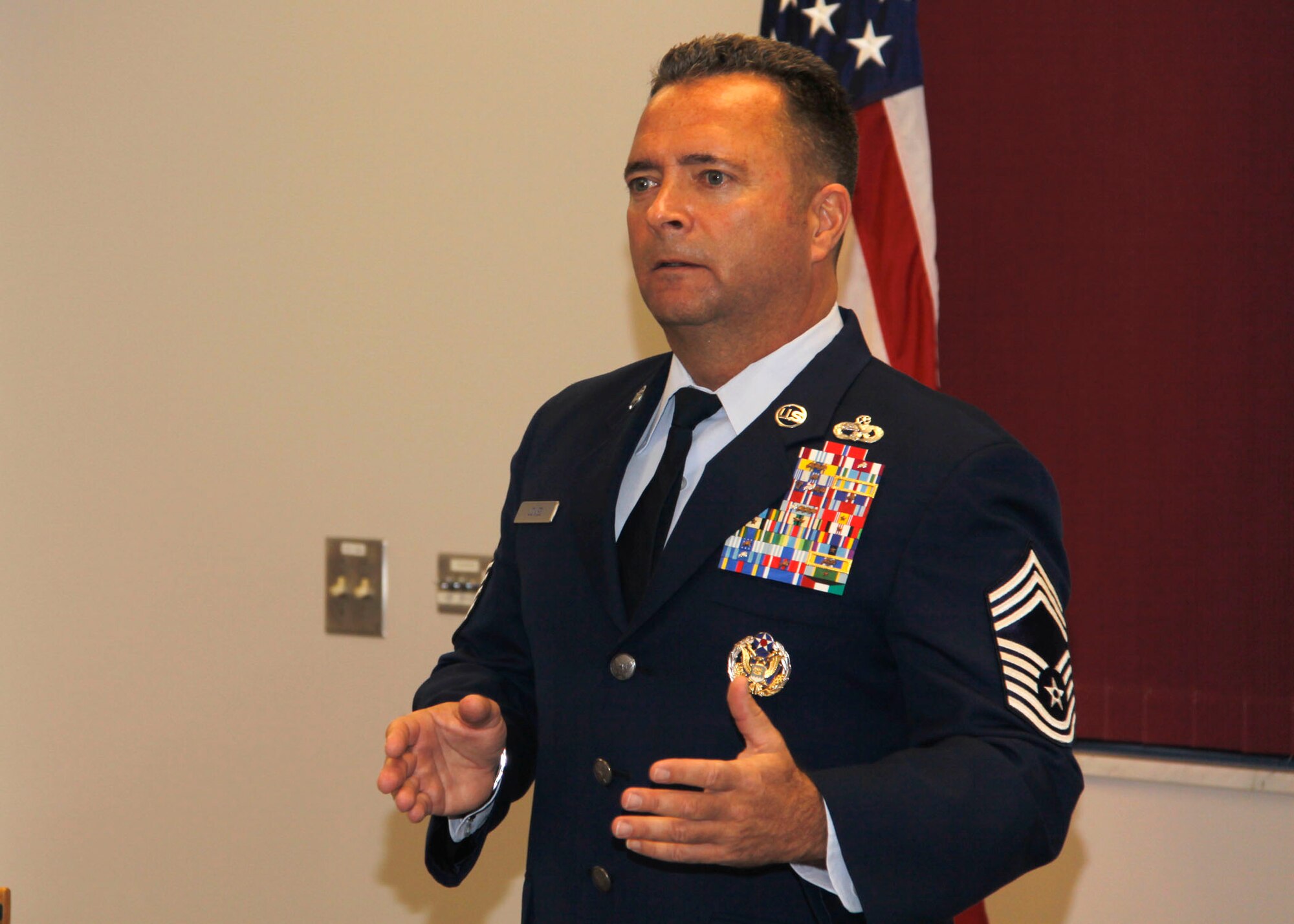U. S. Air Force Air Transportation Career Field Manager, Chief Master Sgt. T.J. Jones, talks to members of the 32nd Aerial Port Squadron, during the Saturday of the January Unit Training Assembly. Chief Jones visited the squadron to thank the Port Dawgs for their support , their recent placing in the 2010 Port Dawg Challenge and find out what resources and training they need to successfully accomplish their Air Force mission.  (U.S. Air Force photo/Senior Airman Joshua J. Seybert)