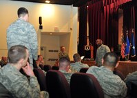 MINOT AIR FORCE BASE, N.D. -- Maj. Gen. Alfred Stewart, Air Force Personnel Center commander, answers an Airman’s question during a briefingt at the Base Theater here Jan. 12. General Stewart along with a team of experts from AFPC at Randolph AFB, Texas, presented briefings as part of a nuclear enterprise roadshow geared towards Air Force Global Strike Command Airmen in nuclear positions and with critical skills and experience. (U.S. Air Force photo/Senior Airman Michael J. Veloz)