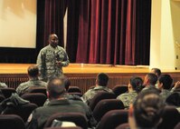 MINOT AIR FORCE BASE, N.D. -- Maj. Gen. Alfred Stewart, Air Force Personnel Center commander, speaks to Airmen of Team Minot at the Base Theater here Jan. 12. General Stewart along with a team of experts from AFPC at Randolph AFB, Texas, presented briefings as part of a nuclear enterprise roadshow geared towards Air Force Global Strike Command Airmen in nuclear positions and with critical skills and experience. (U.S. Air Force photo/Senior Airman Michael J. Veloz)