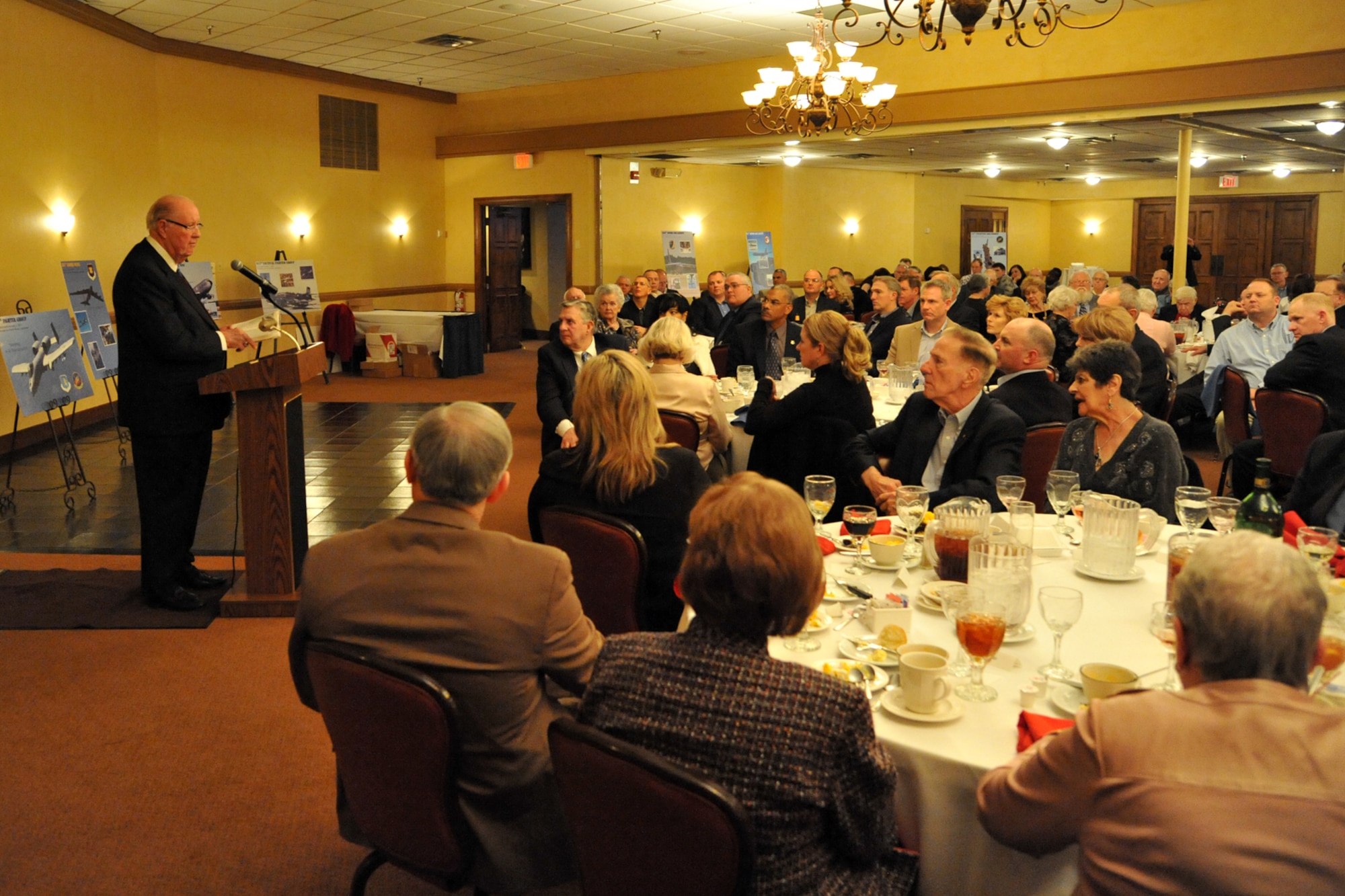 Mr. Jerry Worthy speaks at the 307th Bomb Wing reactivation dinner at Barksdale Air Force Base, La, Jan. 8, 2011. He is a former B-24 pilot, and flew 24 bombing raids over North Korea with the 307th Bomb Group. Mr. Worthy is a native Texan with a life’s interest in flying.  He has been instrumental in the development of the national ranching center on campus at Texas Tech, the heritage museum in Big Springs and the Hangar 25 Air Museum constructed from the closure of Webb Air Force Base, Texas. (U.S. Air Force photo/Staff Sgt. Travis Robertson)