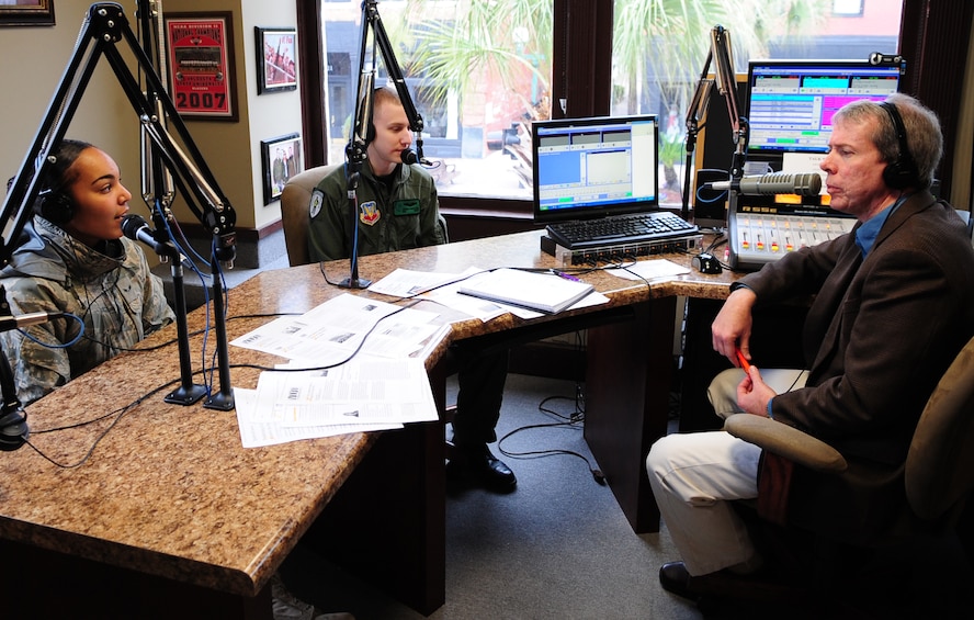 VALDOSTA, Ga. -- Senior Airman Josiah Hartline, 41st Rescue Squadron aerial gunner, and Airman 1st Class Fara Orellano, 23rd Aircraft Maintenance Squadron avionics specialist, both stationed at Moody Air Force Base, Ga., were nominated by their squadrons to do a radio interview Jan. 11. The Airmen were not only recognized for their excellence within their squadron but as group level award winners. (U.S. Air Force photo/Senior Airman Stephanie Mancha)(RELEASED)
