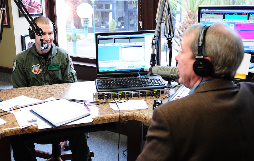 VALDOSTA, Ga. -- Senior Airman Josiah Hartline, 41st Rescue Squadron aerial gunner at Moody Air Force Base, Ga., talks about his career in the Air Force Jan. 11. Airman Hartline’s radio interview was broadcasted live during a morning show at a local radio station. (U.S. Air Force photo/Senior Airman Stephanie Mancha)(RELEASED)