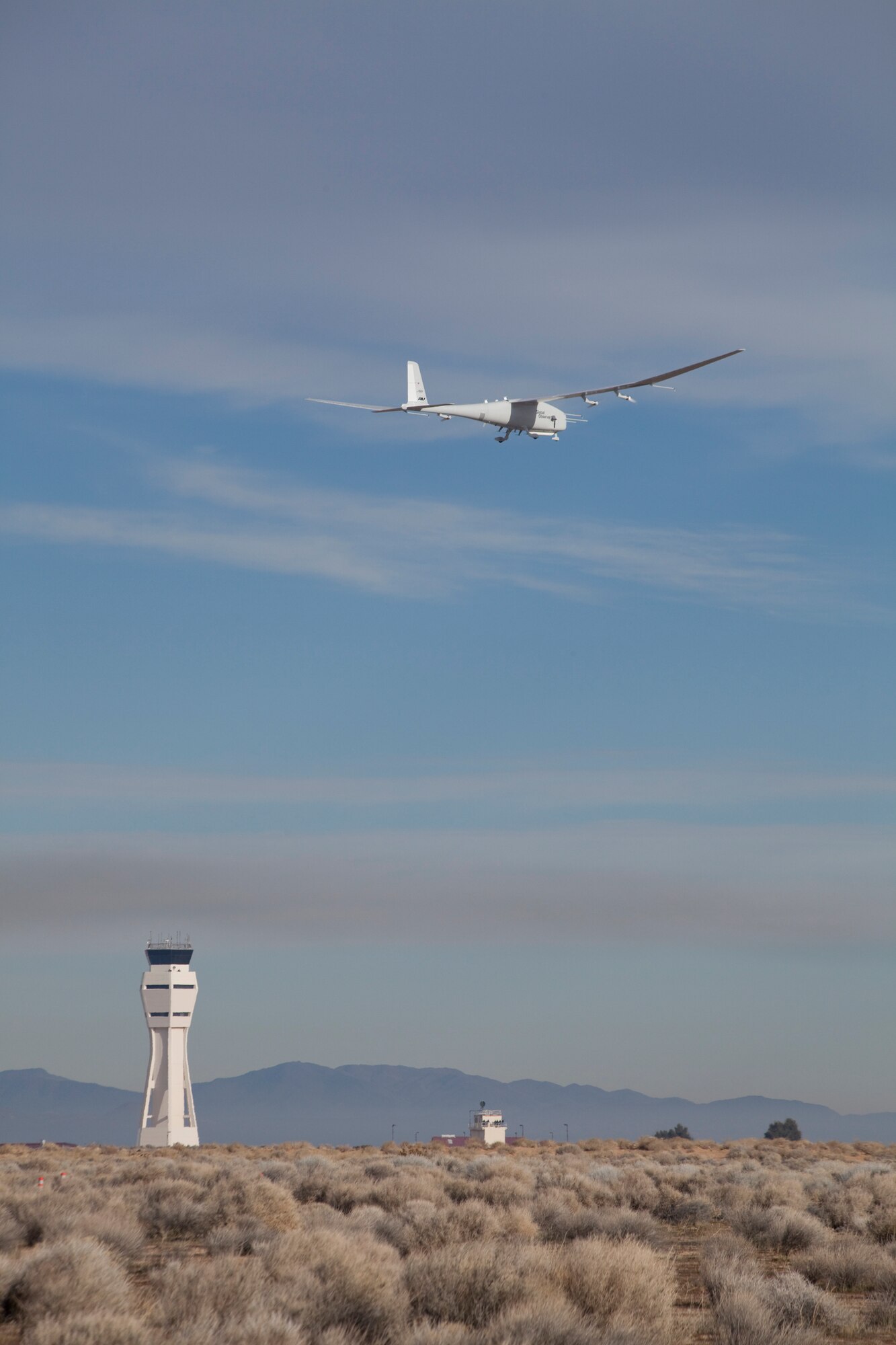 The Global Observer flies for the first time over Edwards powered by hydrogen Jan. 6. The 412th Test Wing‘s Global Vigilance Combined Test Force will now expand the altitude and duration of flight tests to validate the aircraft‘s high-altitude and long-endurance potential. (Air Force photo by Bobbi Zapka)