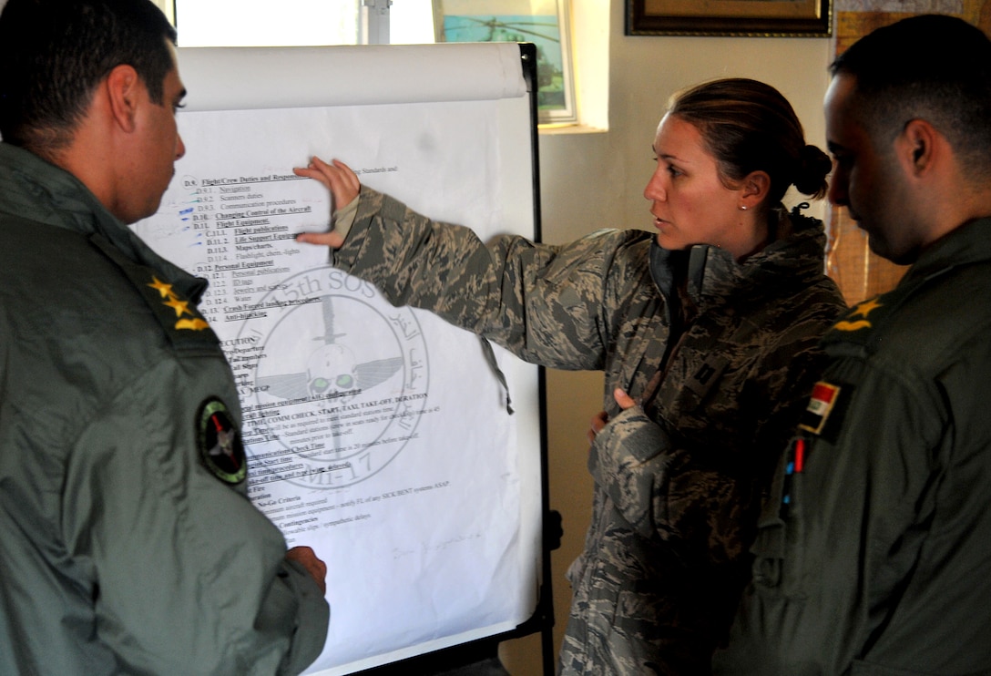 TAJI, Iraq -- Captain Kate DinDekker, 721st Air Expeditionary Advisory Squadron and 1st Helicopter Squadron pilot at Joint Base Andrews, gives instructions to two Iraqi Army Aviation Command pilots during a pre-flight mission brief Dec. 12, 2010, in Taji, Iraq. Air advisors from the 721 AEAS, instruct and advise AAC pilots to help build a safe, self-sustaining Iraqi rotary-wing force. (U.S. Air Force photo by Senior Airman Andrew Lee)


