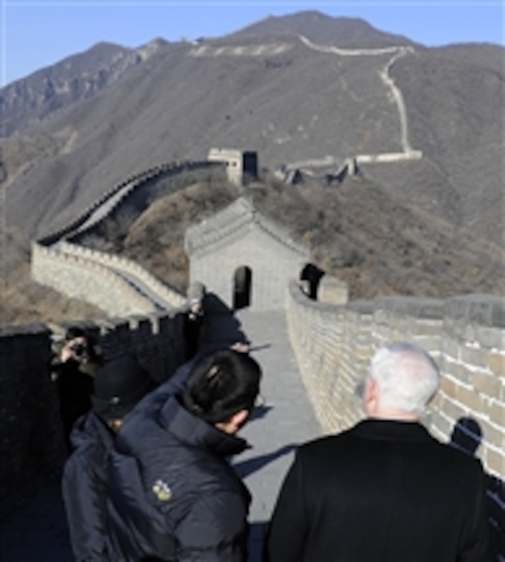 Secretary of Defense Robert M. Gates and wife Becky receive a tour at the Great Wall of China in Mutianyu, China, on Jan. 12, 2011.  Gates wrapped up a 4-day trip to China by visiting the People's Liberation Army 2nd Artillery Group and the Great Wall.  