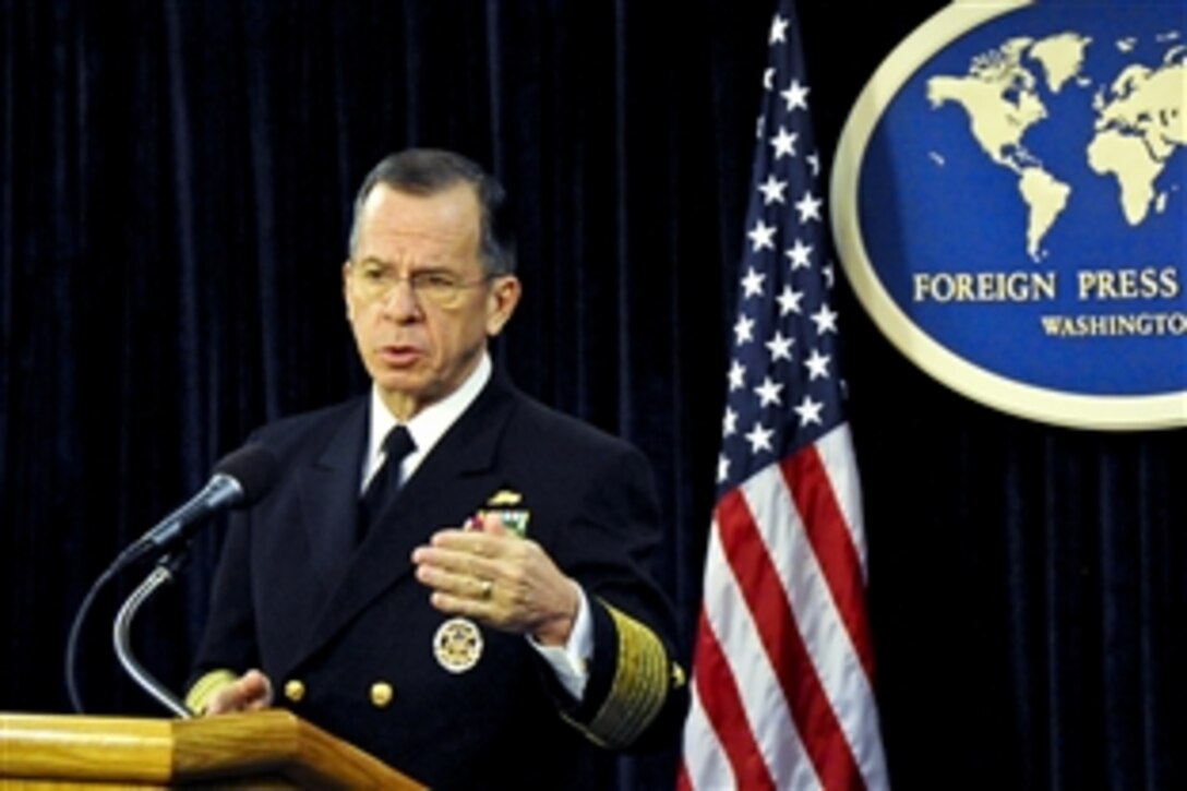 U.S. Navy Adm. Mike Mullen, chairman of the Joint Chiefs of Staff, listens to questions from the Foreign Press Center room in Washington, D.C., Jan. 12, 2011. Mullen responded to a variety of subjects, including Iraq, Chinese military advancements and the impact of Mexican drug cartels on the United States. 