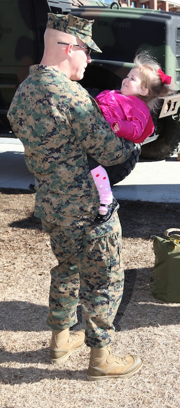 Sgt. Tyler R. King, a heavy equipment mechanic with Marine Wing Support Squadron 271, embraces his daughter Bree at the MWSS-271 barracks prior to deploying to Central and South America, Jan. 13. Approximately 300 Marines and Sailors from MWSS-271, 2nd Tanks Battalion, 2nd Assault Amphibian Battalion and individual augments from II Marine Expeditionary Force departed Morehead City for a three-month deployment in support of Security Cooperation Task Force Southern Partnership Station 2011. The troops will participate in military-to-military information-sharing missions throughout Central and South America, including Marine Corps Martial Arts Program training, jungle survival and maritime exchanges. The partnership program is designed to enhance security cooperation and relationships between theaters.