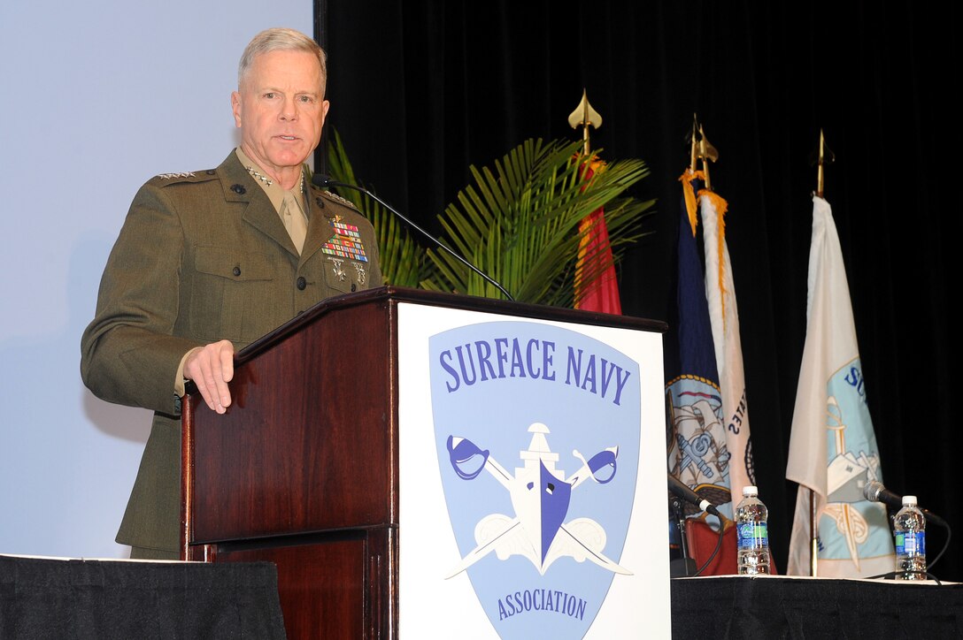 Gen. James Amos, commandant of the Marine Corps, speaks at the Surface Navy Association Symposium Jan. 13, 2011. Amos discussed the relevance of the Corps as America’s expeditionary force in readiness and noted the Marine Corps success during combat operations in Iraq and Afghanistan as well as crisis response around the globe.