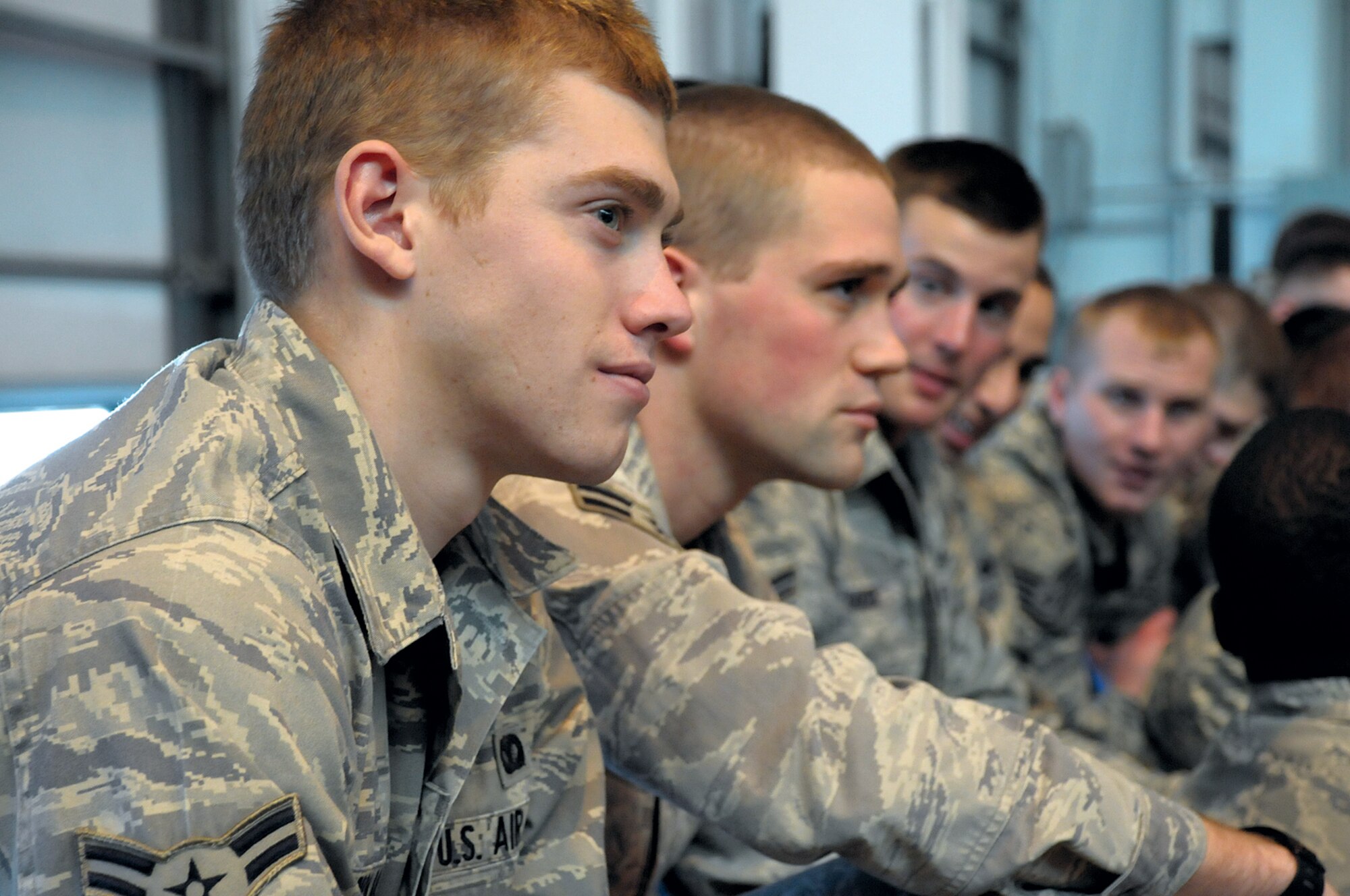 Warren Airmen listen to Lt. Gen. Jim Kowalski, commander, Air Force Global Strike Command, to speak during his All Call held here in Building 1501 on Jan. 11. The general spoke about the continual importance of the nuclear deterrent mission provided by his command. (U.S. Air Force photo by Blaze Lipowski)