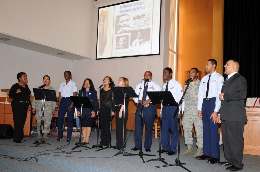 Barksdale's Gospel Inspirational Choir performs during the Martin Luther King Jr. commemorative service held at Chapel 2 located on Barksdale Air Force Base, La., Jan. 13. In 1964, Martin Luther King Jr.  became the youngest person to receive the Nobel Peace Prize for his work to end racial segregation and racial discrimination through civil disobedience and other non-violent means. (U.S. Air Force photo/Senior Airman Brittany Y. Bateman)(RELEASED)