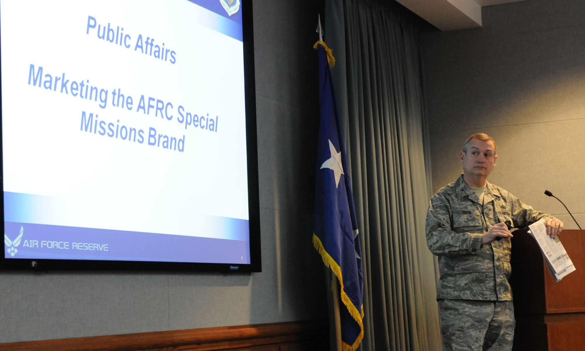 Col. Michael Odom, Air Force Public Affairs Agency, briefs reservists and civilians about the importance of public affairs during the Air Force Reserve Command Special Mission Conference at Peterson Air Force Base, Colo., Jan. 12-13. The conference was designed to share lessons learned, review policies and procedures, and tackle common support issues involved with the weather reconnaissance, aerial spray and aerial firefighting missions. (U.S. Air Force photo/Capt. Marnee A.C. Losurdo)  
