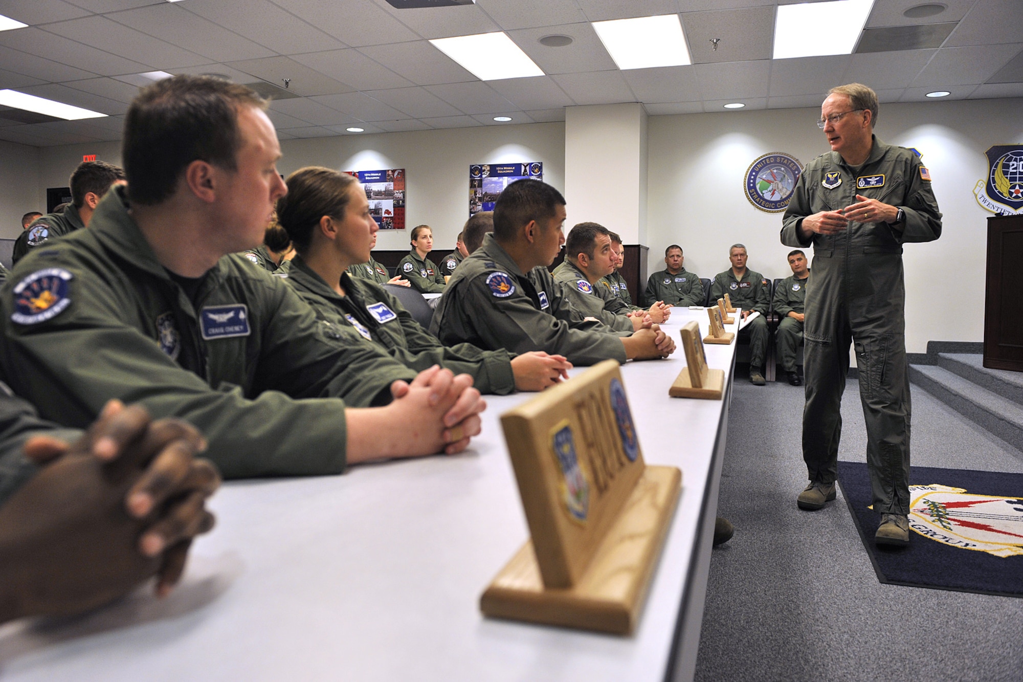 Lt. Gen. Frank Klotz, commander of Air Force Global Strike Command, addresses missileers during their pre-departure briefing as part of a base visit to Malmstrom in September 2009. General Klotz relinquished command to Lt. Gen. James Kowalski Jan. 6 and will officially retire March 1. (U.S. Air Force photo/John Turner)