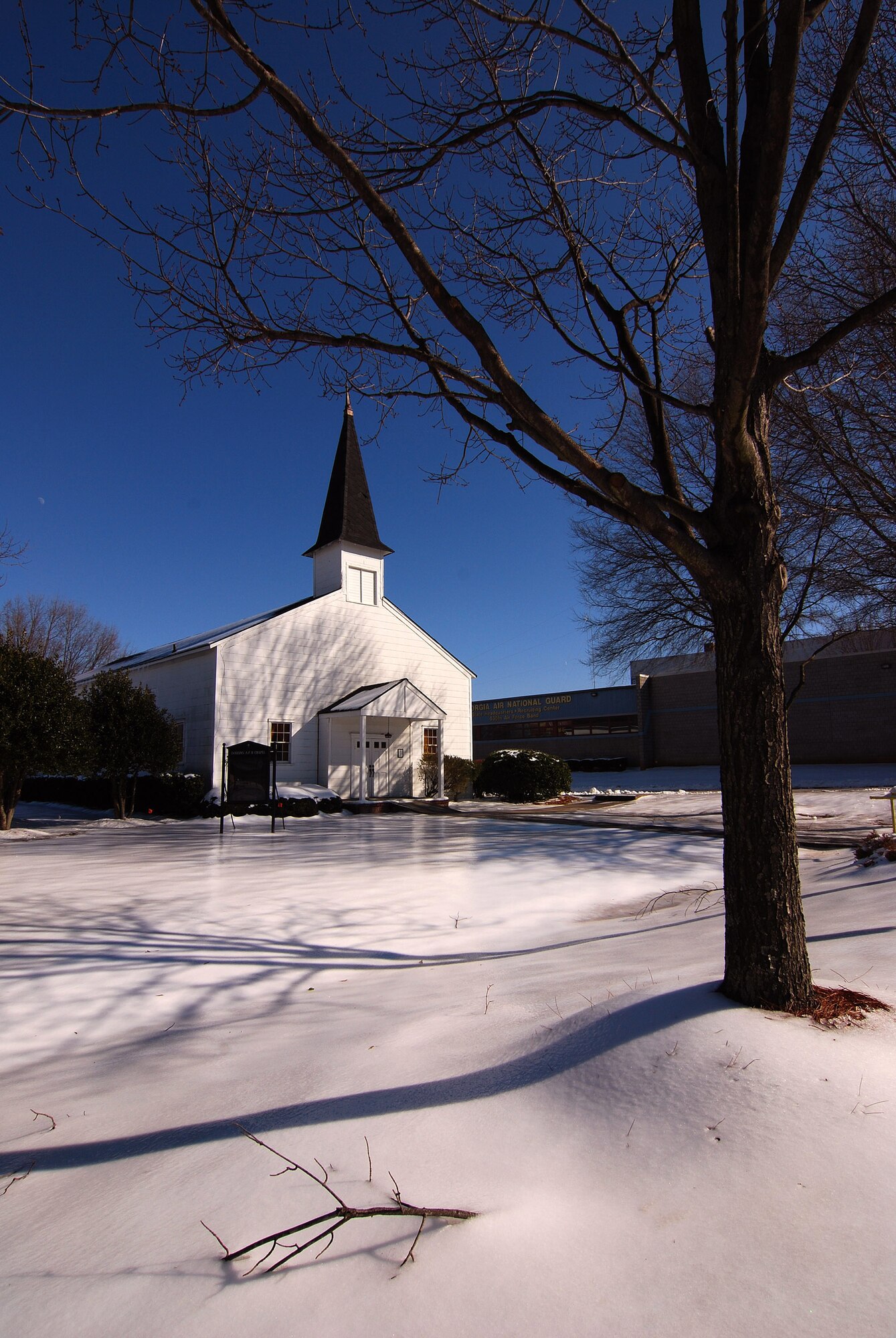 Snow and ice surround the Dobbins Air Reserve Base chapel after an unusually harsh winter storm dumped 6 inches of snow on the Marietta, Ga. area, Jan 13.  (U.S. Air Force photo/ Brad Fallin)
