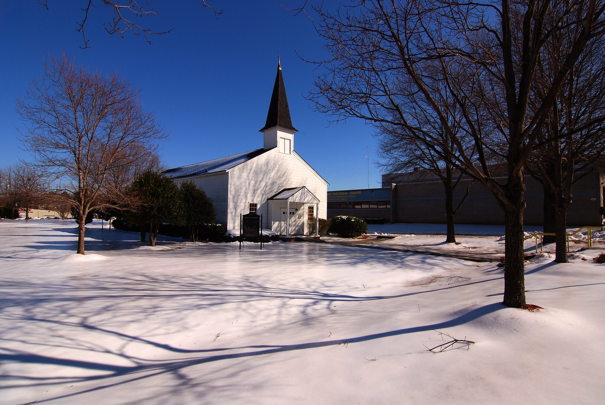 Snow and ice surround the Dobbins Air Reserve Base chapel after an unusually harsh winter storm dumped 6 inches of snow on the Marietta, Ga. area, Jan 13.  (U.S. Air Force photo/ Brad Fallin)