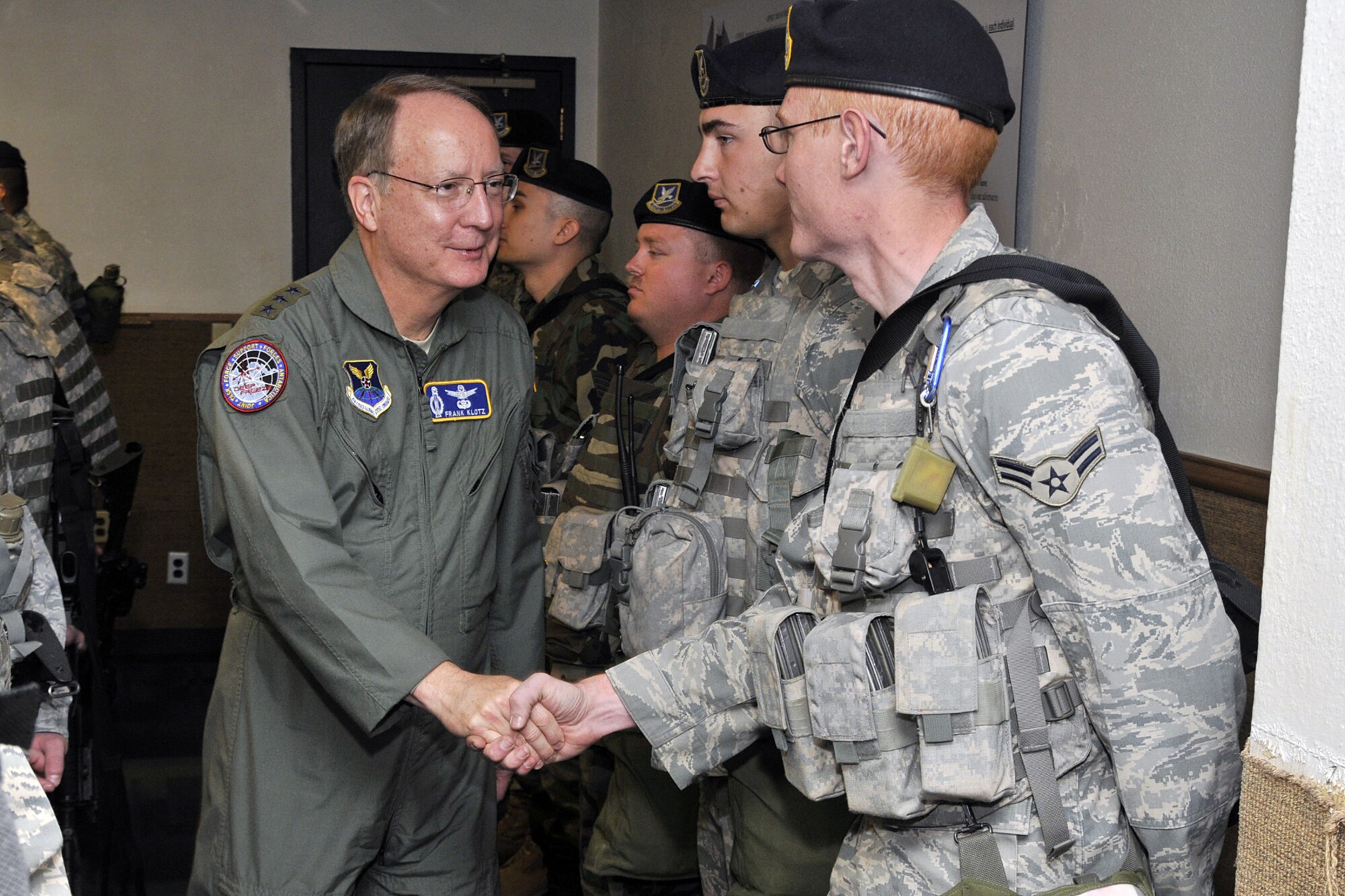 Lt. Gen. Frank Klotz, commander of Air Force Global Strike Command, meets with members of the 341st Missile Squadron at their Guardmount during a visit to Malmstrom Air Force Base in September 2009. General Klotz relinquished command to Lt. Gen. James Kowalski Jan. 6 and will officially retire March 1. (U.S. Air Force photo/John Turner)