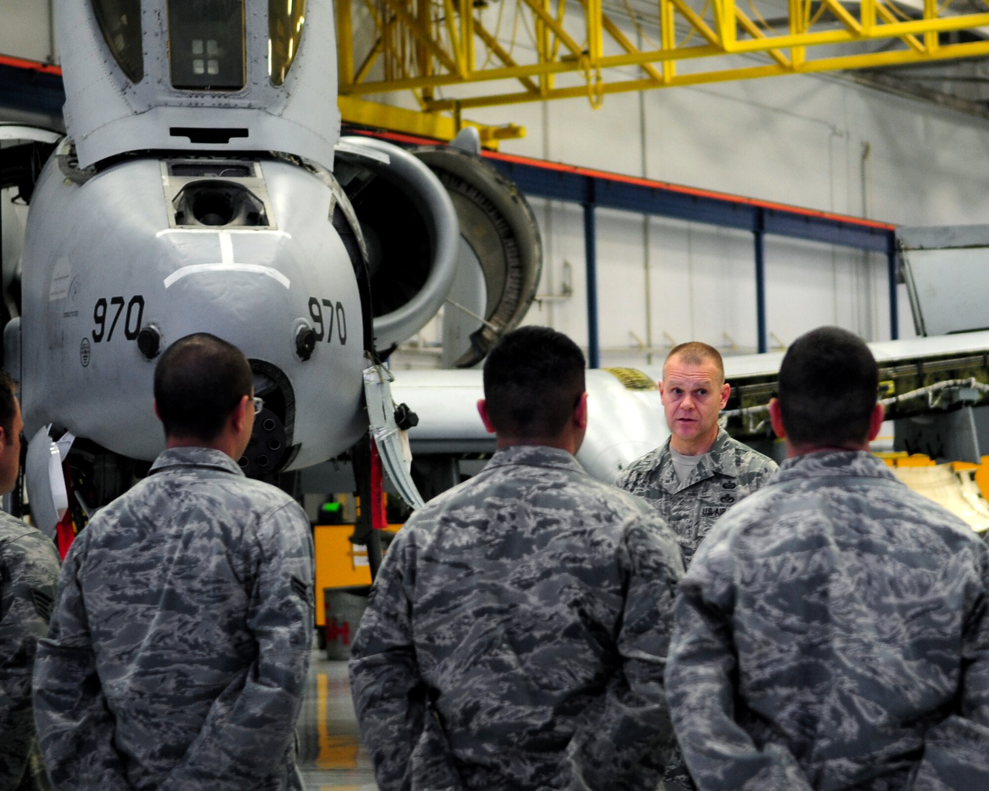 DAVIS-MONTHAN AIR FORCE BASE, Ariz. - Chief Master Sgt. of the Air Force James Roy speaks to Airmen from the 355th Aircraft Maintenance Squadron at the A-10 Phase hangar here Jan. 12. Chief Roy spoke of the challenges facing our Air Force today. (U.S. Air Force photo/Airman 1st Class Jerilyn Quintanilla)