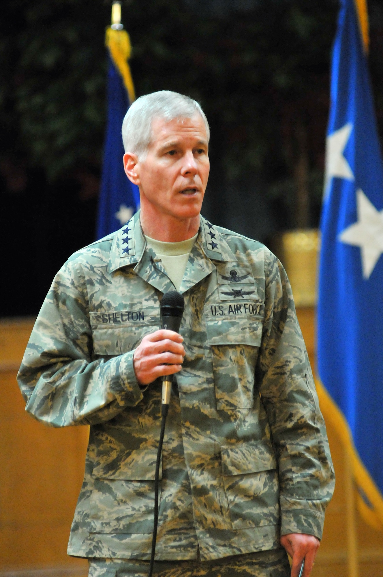General William Shelton, after taking command of Air Force Space Command Jan. 5, speaks to the men and women of 24th Air Force at Mitchell Hall Jan. 11. General Shelton visited 24th Air Force Jan. 11 through 13 to learn more about the nascent cyber command, and make his priorities and expectations known. (U.S. Air Force photo by Theodore Koniares)