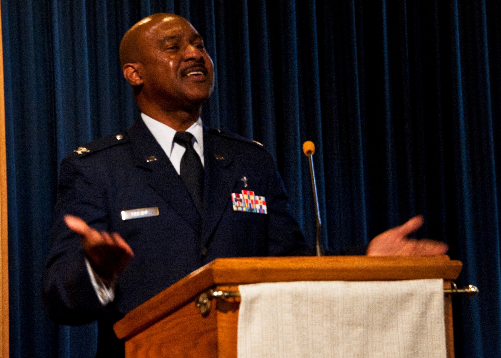 Chaplain Col. Wilford Bristol, Air Force Special Operations Command chaplain, speaks to Team Eglin members at a Martin Luther King Jr. event Jan. 12 at Eglin's West gate chapel.  (U.S. Air Force photo/Sachel Seabrook)