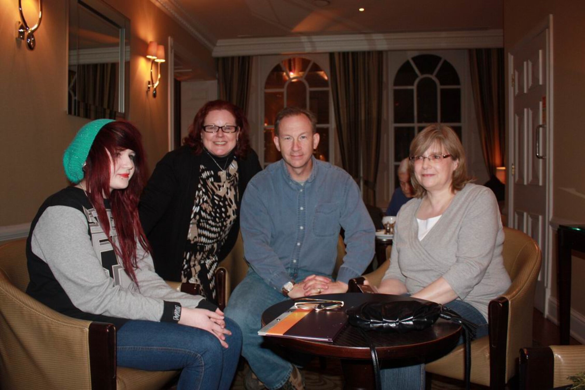 Maj. William McLaury of the 48th Medical Group (in blue shirt) met with his long-time pen-pal Renate Dec. 31 in London. Major McLaury had been corresponding with Renate for more than 30 years and this was their first meeting in person. With them are Renate’s daughter Sabrina (far left) and Major McLaury’s wife Pat. (Photo courtesy of Maj. William McLaury)
