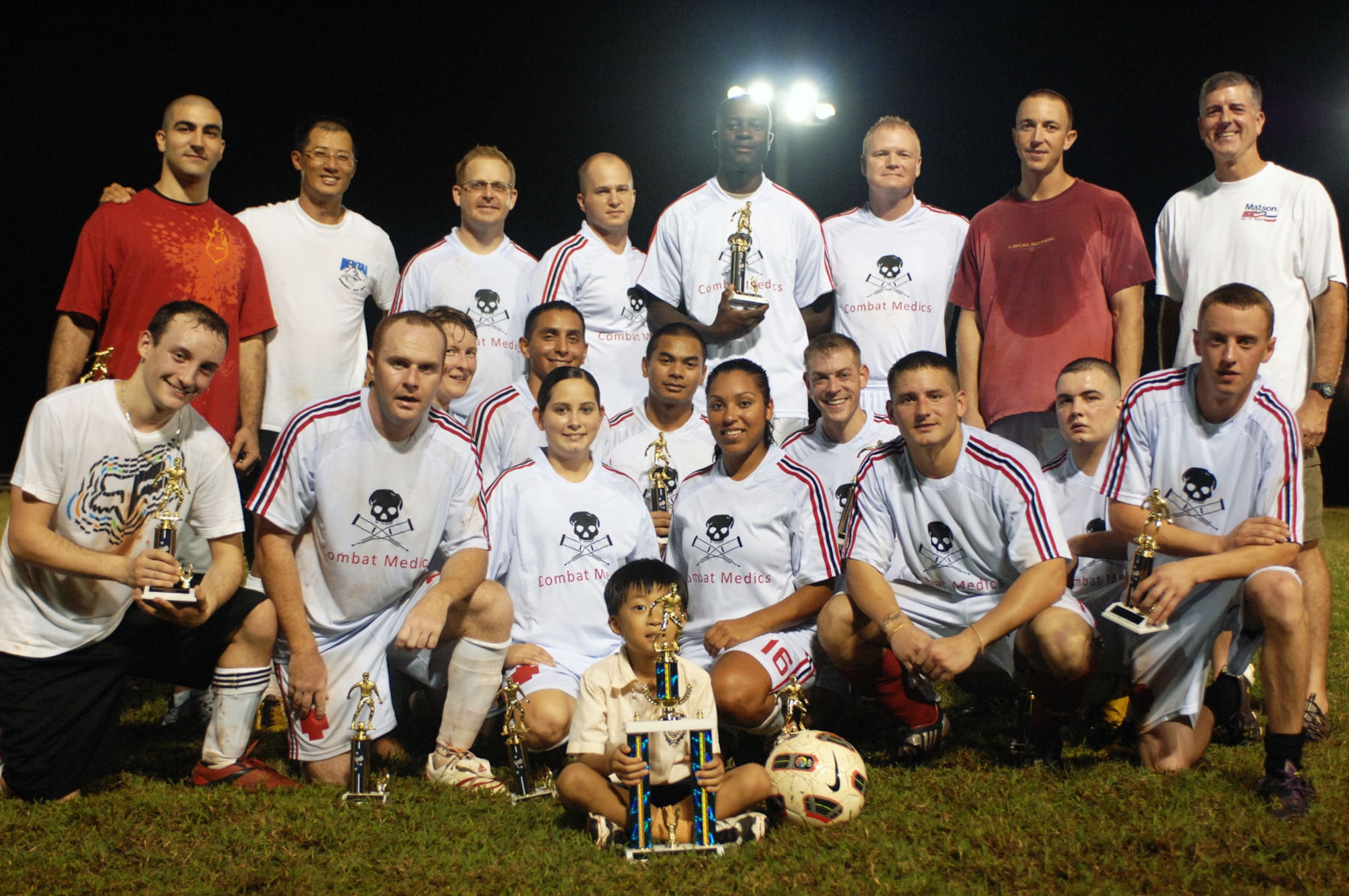 The 36th Medical Group team pose with the championship trophy after defeating the 36th Civil Engineer Squadron 3-1, during the 2010 Intramural Soccer Championship game, here Jan. 10. Both teams went into the game with only one loss each throughout the season. (U.S. Air Force photo/ Airman 1st Class Anthony Jennings)